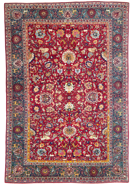 A tehran carpet that with animals and birds that is executed with perfect harmony