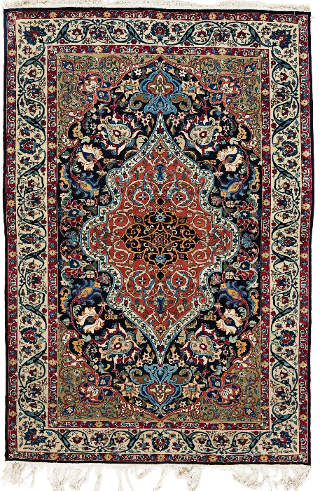 A stunning tehran carpet that has an isfahan medallion design
